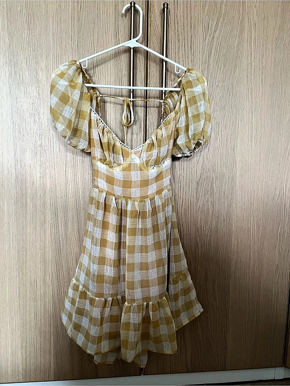 MABLE Gingham Puff Sleeve Mini Dress in Yellow & White Size Small
